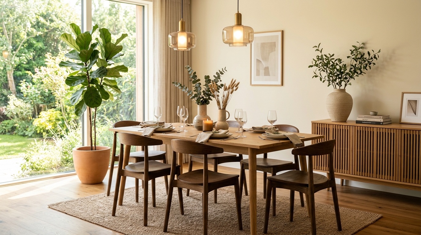Custom crafted oak dining table set with sideboard buffet and warm pendant lights