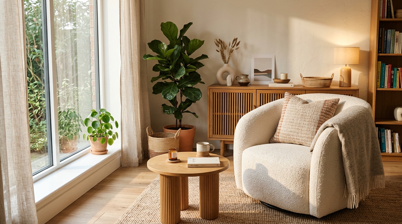 Warm modern living corner with comfortable armchair, fluted table and plants